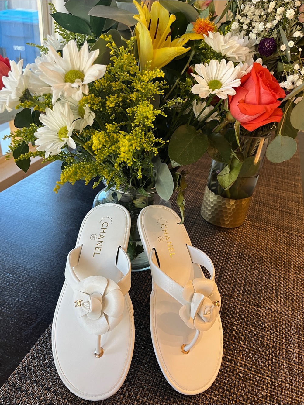 CHANEL White Camellia Thong Sandals with Gold Logo Detail